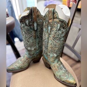 Turquoise Embroidered Heeled Boots